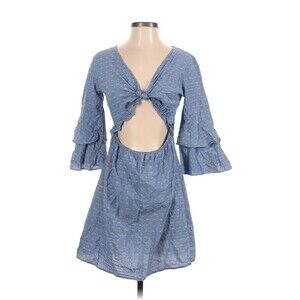 Farrow Womens Small Casual Denim Dress Cottagecore Plunge Short Bell Sleeve Bows